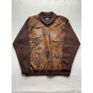 Peletti Lana Collezione Mens 2XL Brown Mixed Media Faux Leather Patch Sweater